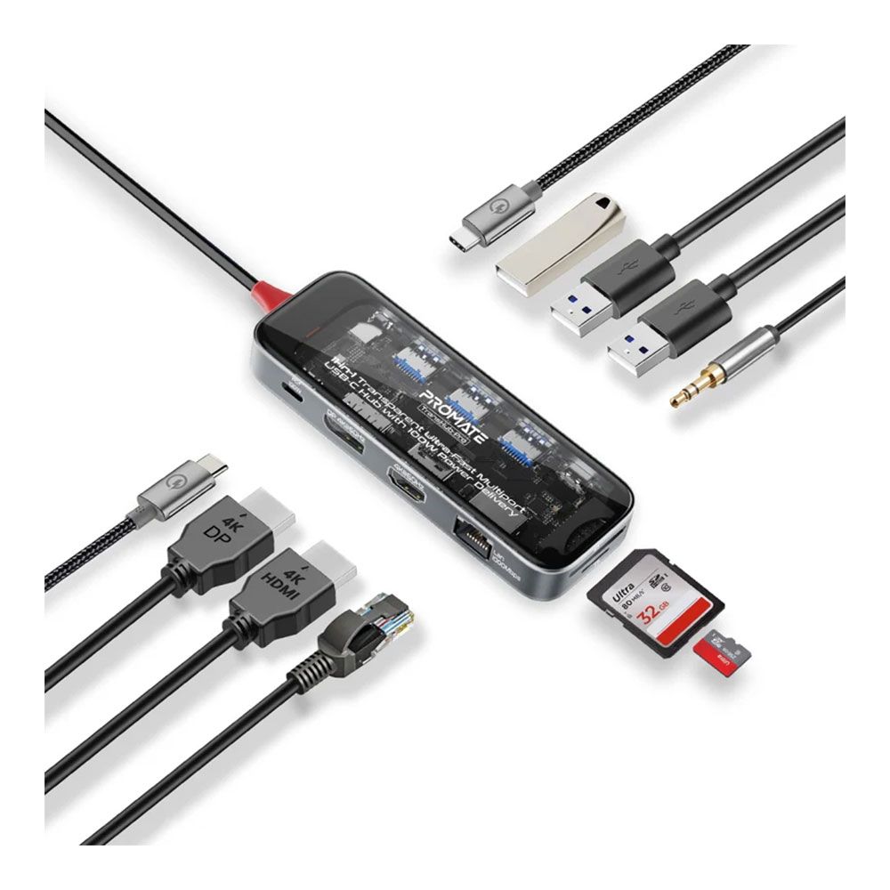 بروميت – موزع USB-C – أجهزة لابتوب ومنفذ USB-C – توصيل طاقة 100 واط – 11 منفذ متعدد مع HDMI 4K عند 60 هرتز – شفاف