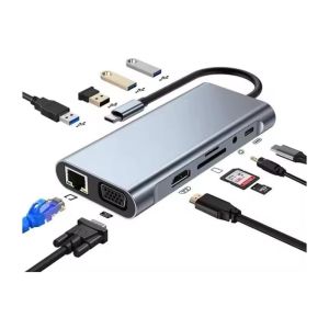USB C Hub 11-in-1 with 4K HDMI, VGA, Type C PD, 4*USB 3.0, RJ45, SD/TF, 3.5mm AUX Grey